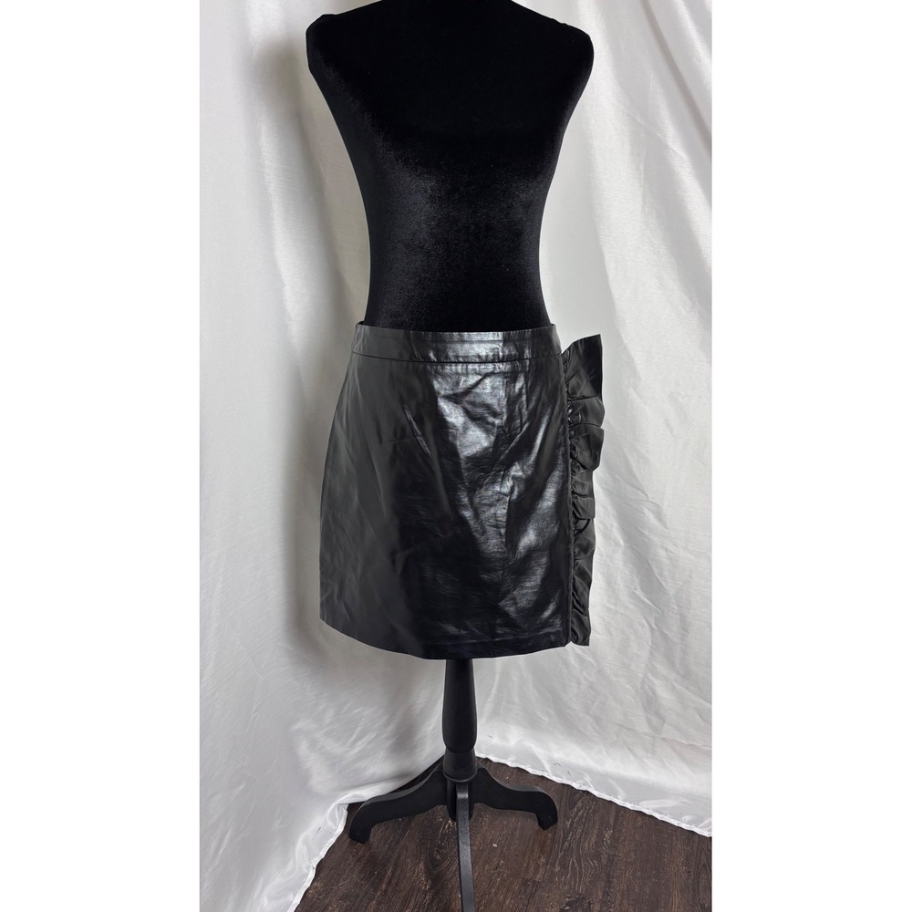 PrettyLittleThing Mini Skirt Womens 12 Black Excellent Faux Leather Side Ruffle